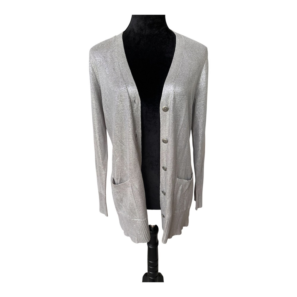 Chicos Silver Metallic Shimmer Longline Cardigan Sweater Size 1 Medium V-Neck